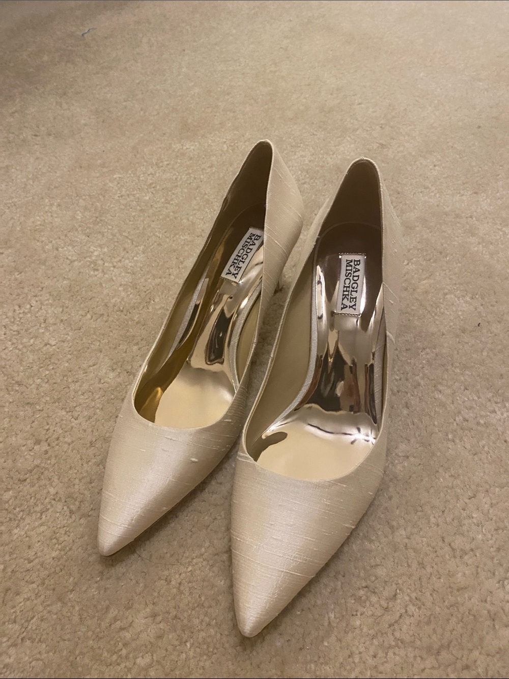 Badgley Mischka Cream Pointed-Toe Satin Pumps